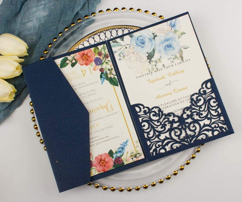 Lucky Star 25 sets 5X7 250GSM Pearl Navy Blue Tri Fold Wedding Invitations Cards With Envelopes Inserts for Wedding Bridal Shower Birthday - Image 2